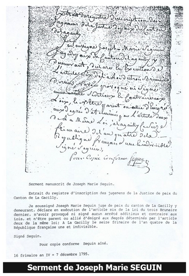 Fin octobre 1793, il est nomm&eacute; membre de la commission administrative du d&eacute;partement (le conseil g&eacute;n&eacute;ral actuel) par le repr&eacute;sentant en mission Prieur de la Marne. C&rsquo;est ainsi qu&rsquo;&agrave; l&rsquo;assembl&eacute;e du 1&deg; novembre 1793, les citoyens Perron, Seguin et Jean, administrateurs convoqu&eacute;s par le citoyen Prieur, repr&eacute;sentant du peuple, entr&eacute;s &agrave; l&rsquo;assembl&eacute;e, ont remis sur le bureau leurs lettres de convocation et, sur les conclusions du procureur g&eacute;n&eacute;ral-syndic, ont pris place au bureau. Mais Joseph-Marie Seguin comprit tr&egrave;s vite qu&rsquo;il valait mieux se tenir &eacute;loign&eacute; de Prieur et, le 8 novembre, il adresse une missive au district de Rochefort qui la transmet au d&eacute;partement 