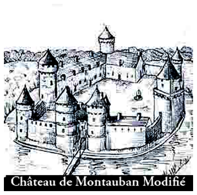 L’illustration ci-contre intitulée « Château de Montauban rectifié » pourrait donc s’appeler « Château fort Gacilien » d’autant plus que les rectifications apportées à l’original l’ont été dans le respect des documents connus et non pas à l’aveuglette.Du canal d’arrivée d’eau jusqu’au chemin d’accès au château, se trouvaient les courtils et jardins du seigneur ; de l’autre côté, entre le canal, le ruisseau des Brelles et le chemin menant à la Bouère, il y avait le domaine personnel ; celui-ci comportait une vigne appelée la vigne de Montauban. Toute la pente de la colline, à l’Est, était distribuée en divers jardins disposés en amphithéâtre et ornés d’un pavillon à chacun de leurs angles. L’étang, entouré de « saulsaies et d’oseraies» était utilisé pour l’élevage des carpes , des tanches et des brochets.
