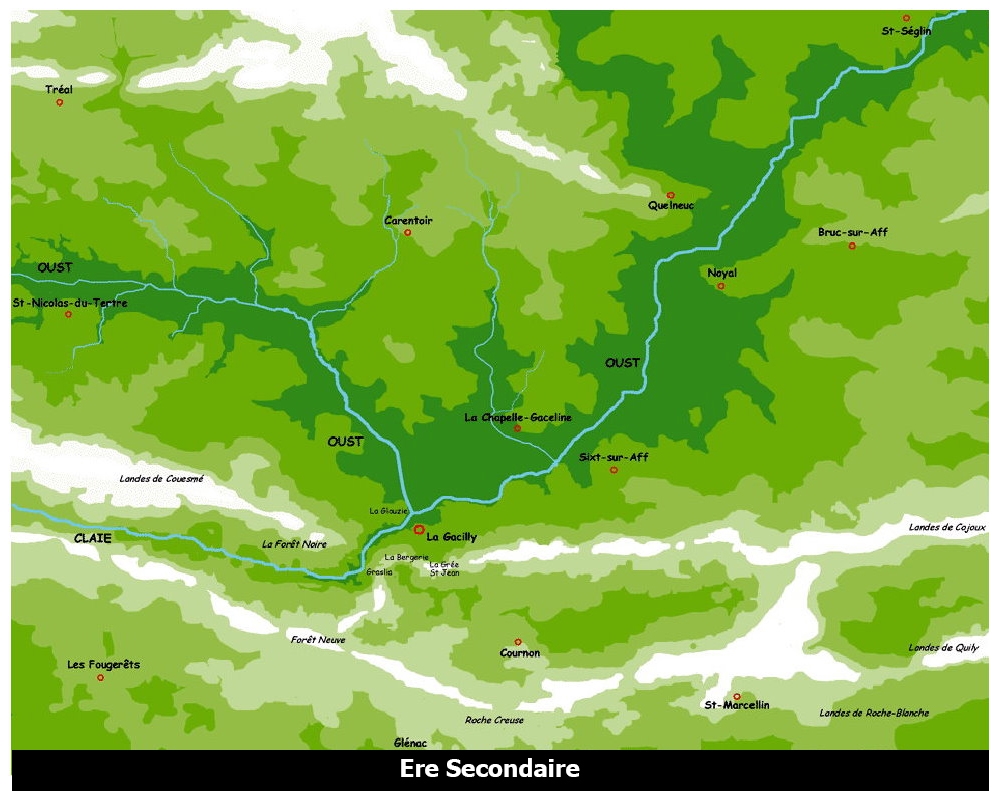 A l’ère secondaire (+ de 65 M. d’années), deux grandes rivières débouchaient à La Gacilly : l’une, sans doute l’Oust, venait de Malestroit, passait à Ruffiac, à St-Nicolas-du-Tertre et arrivait par la Villouët et Gazeau. l’autre, sans doute la Claie, venait de St-Martin-sur-Oust par la Roquennerie. Ces deux rivières se rejoignaient au pied de la butte de la Glouzie où elles formèrent des dépôts de sables alluvionnaires rougeâtres, sables que l’on retrouve encore actuellement.