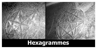 HEXAGRAMMES A LA GLOUZIE l’hexagramme est l’emblème des Templiers, le sceau de Salomon, la mosquée El Aqsa. Cette figure est composée de deux triangles équilatéraux entrelacés, triangles qui ont servi de base géométrique à la construction de tours, entre autres la tour des Prisonniers dans le château de Gisors, haut lieu templier, et tour dans laquelle on a retrouvé un St-Nicolas gravé dans la pierre.