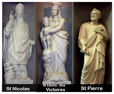 St-Pierre a une clé ; N.D. des Victoires est une des Vierges à L’Enfant ; St-Nicolas, évêque avec mître